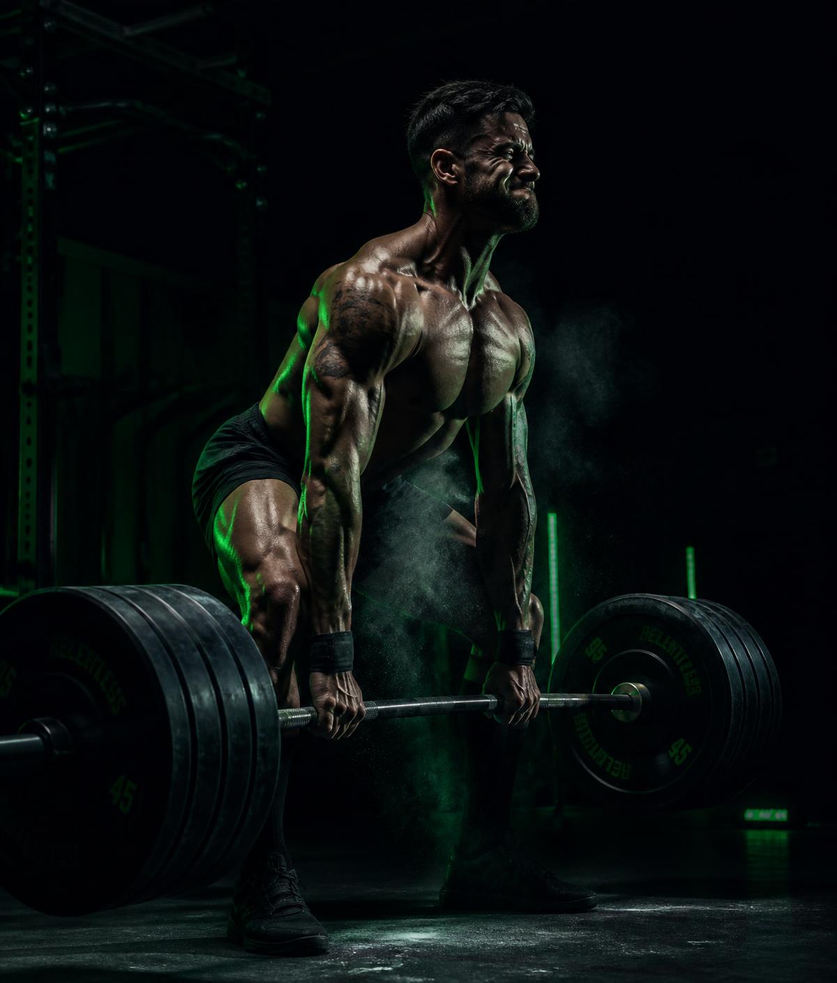 Atleta executando levantamento terra em academia com iluminação verde